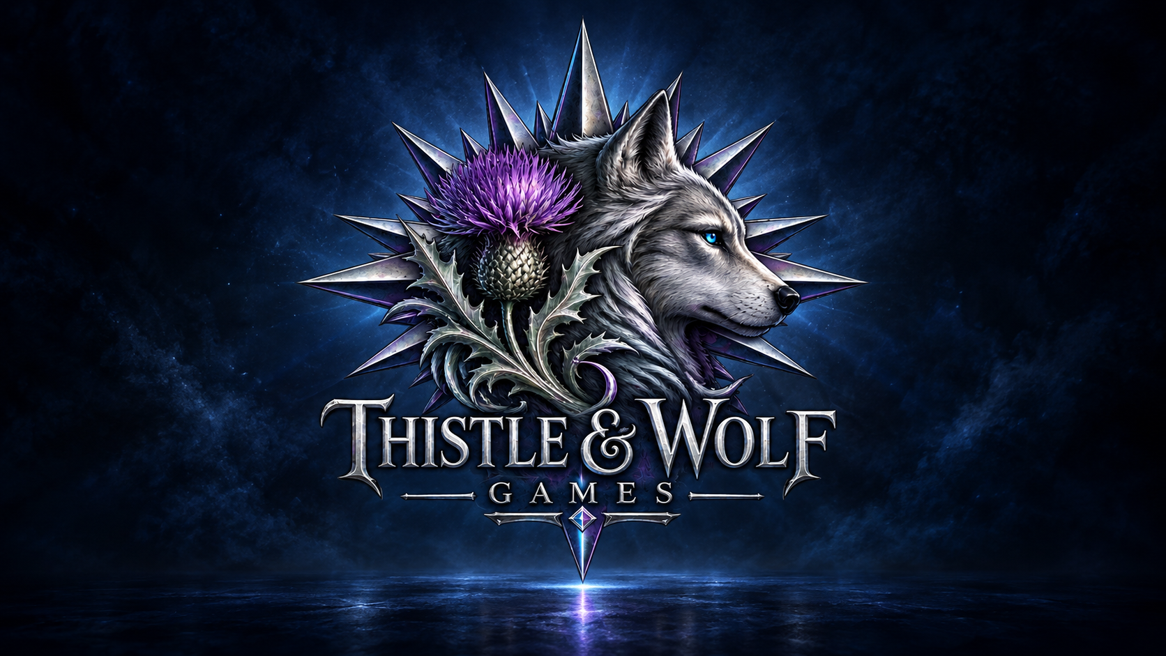 Thistle & Wolf Games — il nostro logo con lupo argentato, cardo viola e rosa dei venti